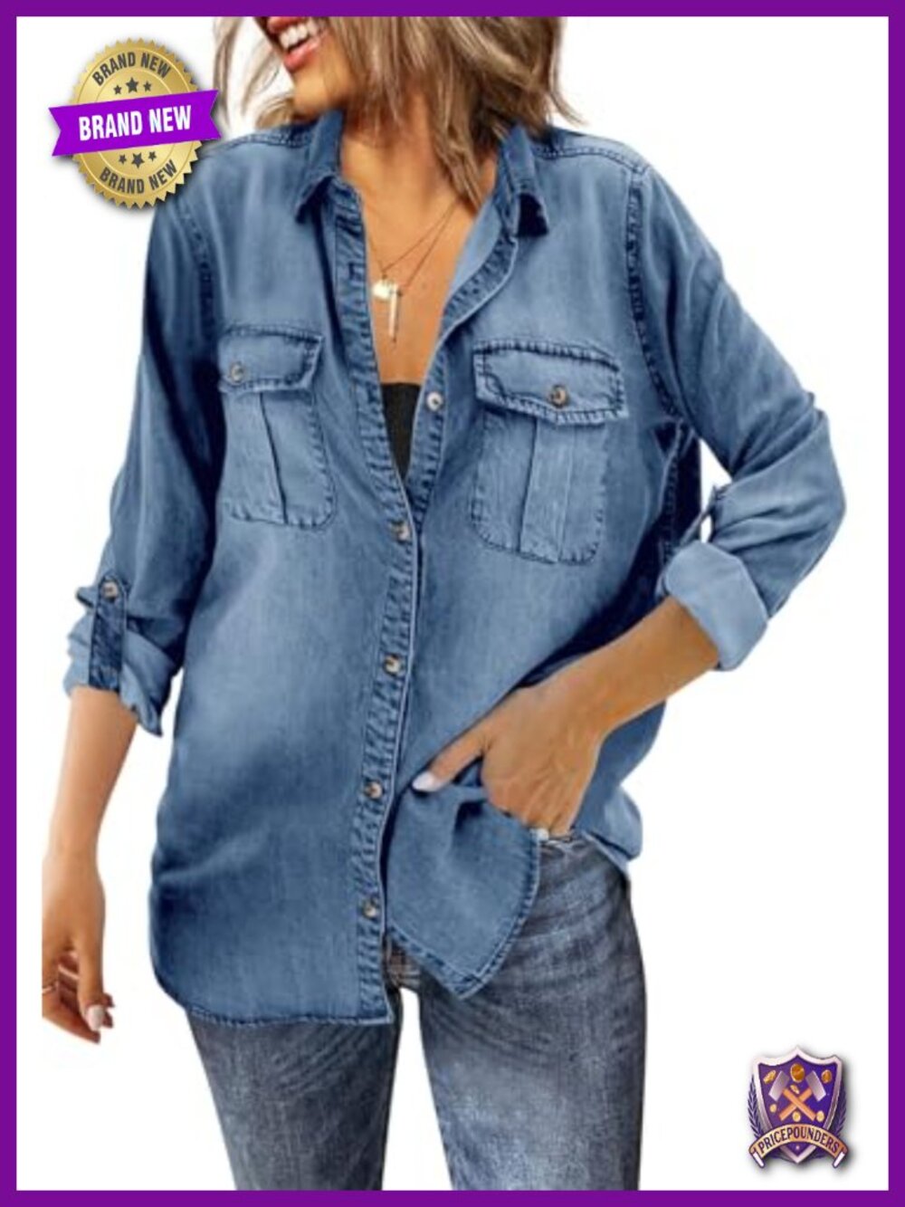 Oversized Button Down Denim Shirt Long Sleeve Loose Fit Tunic Blouse